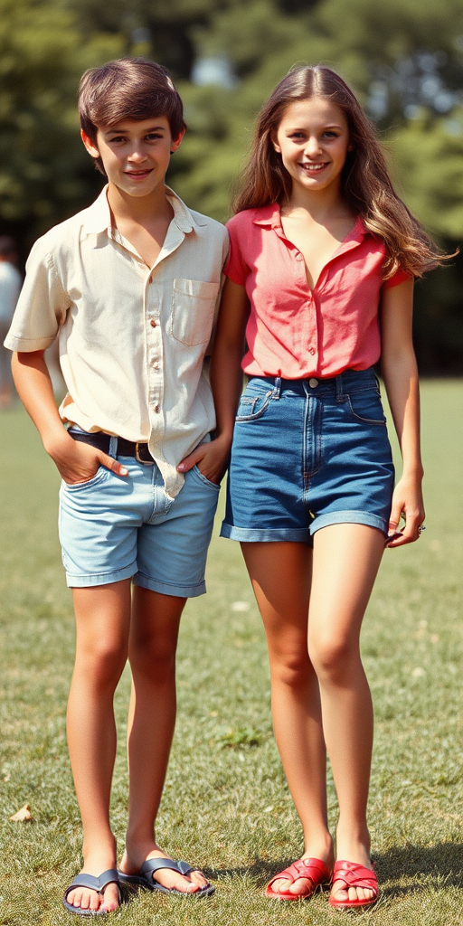 Vintage photo, 1980s. Hot summer. USA. A tall skinny 13yo teen boy wearing short shirt, tight booty shorts, long legs, bare thighs. With a girl wearing shirt, long skirt. Full length view.