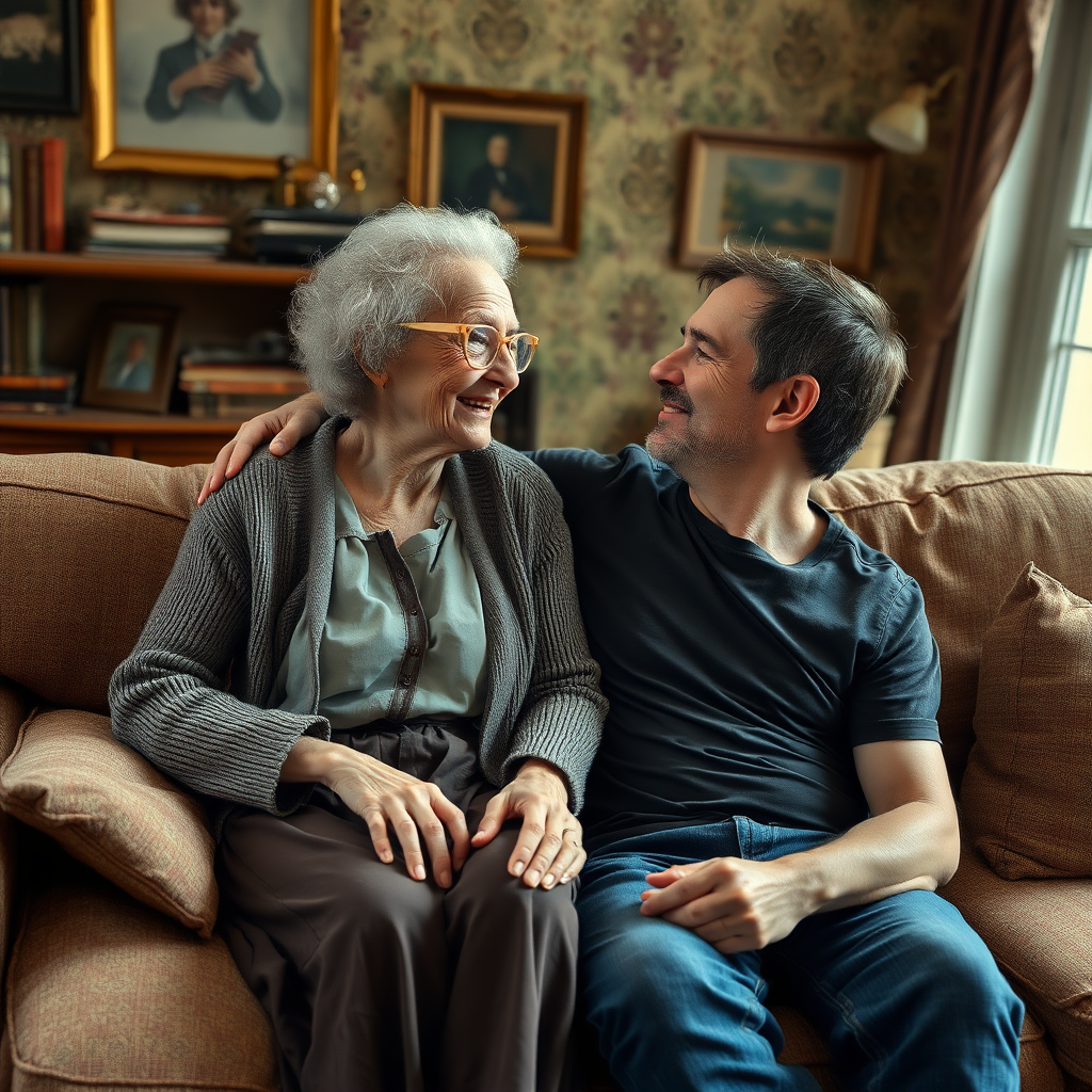 In a scene viewed from an angle and slightly above: In an old-fashioned English living room, a very frail, small and thin, very old and elderly English lady with a kind smile, short, thinning white curly hair, wrinkled face, neck and skin, wearing thin framed glasses, an old cardigan, blouse and long skirt is sitting on a sofa with an English man about 40 years old, grey stubble on his chin, brown hair, sitting close next to her on the same sofa, wearing a black T-shirt and dark blue jeans. The man and woman are smiling at each other. The woman is looking at the man's eyes and smiling. The man is looking at the woman's eyes and smiling.