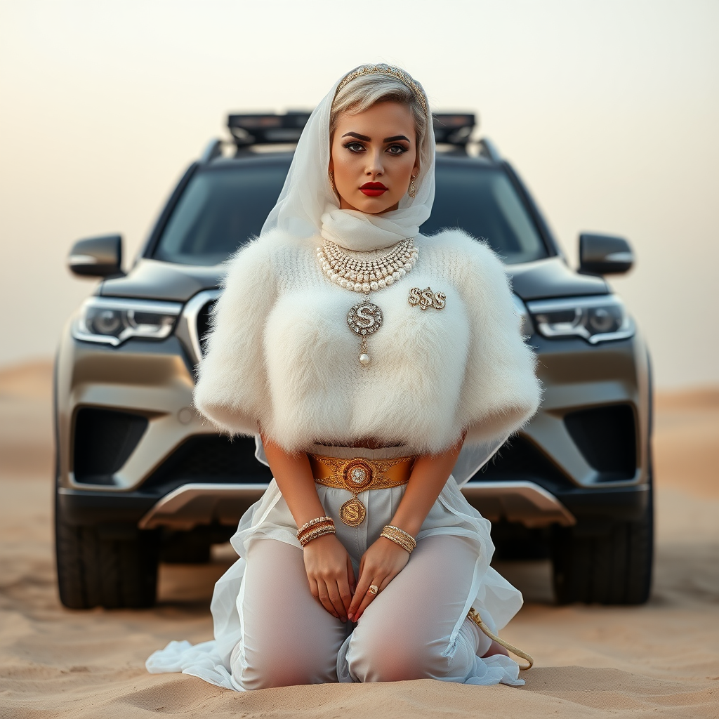 Kuwait desert dunes misty dawn, full size luxury SUV: Melissa, European 17 years old very convincing femboy “trophy-bimbo”, tamed servile docile, very beautiful feminine flawless face, rather short, by hormones very curvaceous womanly figured, platinum blond short tight curls, bold red lips, heavily made-up face, wearing Supertanya-style fluffy very fuzzy bright white angora turtleneck-poncho cropped ending under bust decorated with pearls and gemstones, striking oriental wide gold bridal protection belt, white fully transparent harem pants, full Oriental bridal jewelry including headpiece, white transparent Burka face veil, coin anklets, striking diamond “$$$” letter brooch on left chest, pout frustrated, hands tied behind back, kneeling in sand in front of SUV, looking at camera. Focus on face and turtleneck-poncho.