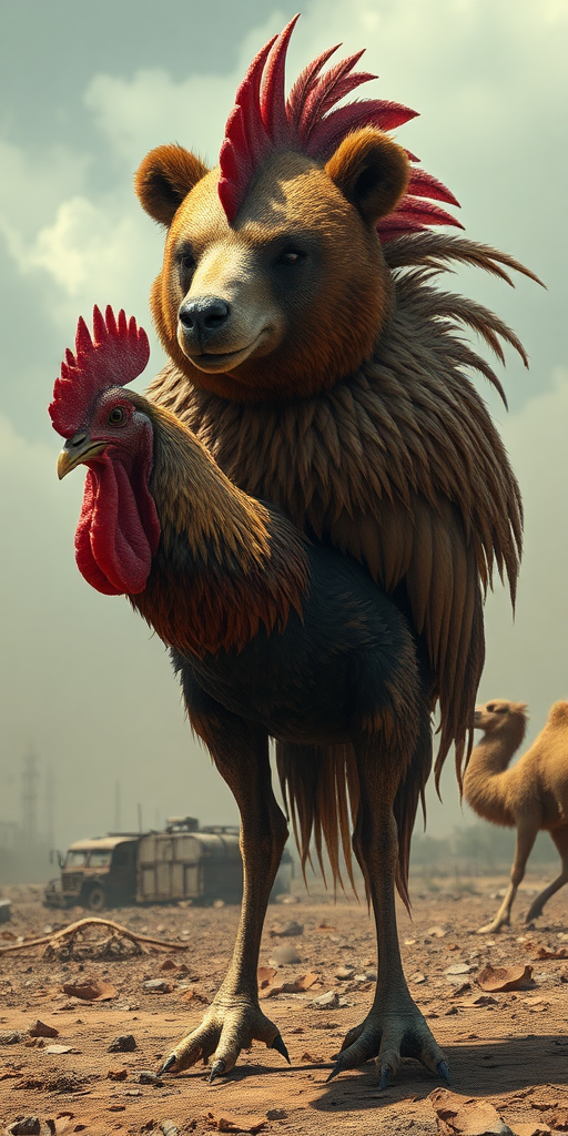 A creature with the head of a bear, the body of a rooster, and the legs of a camel in a super-realistic apocalyptic environment.