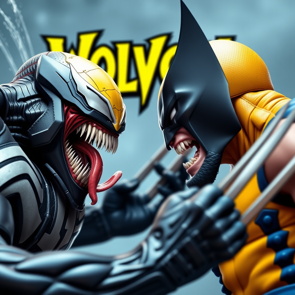 On a comic book cover is Venom Vs Wolverine in Cinematic Real3d photo-realistic quality.