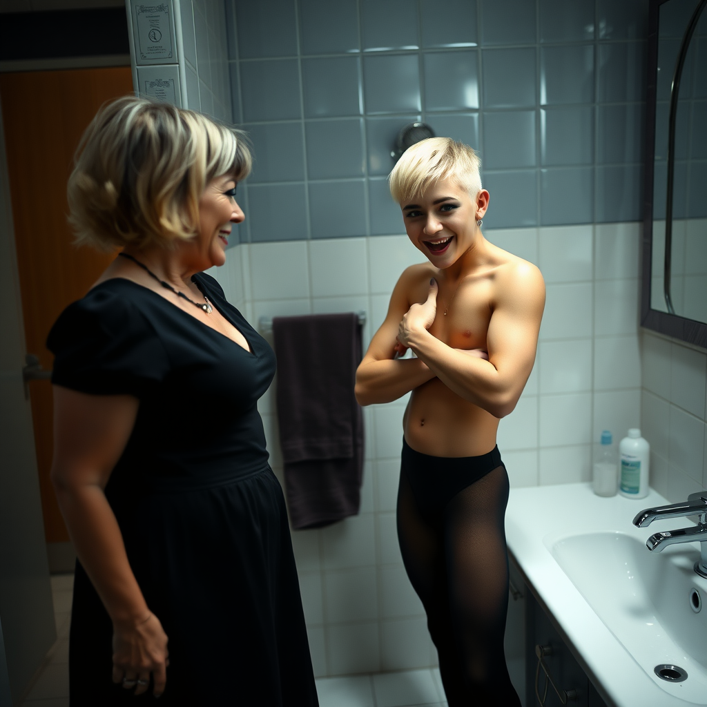 photorealistic, ultra high resolution, 16K, surreal fantasy, studio lighting, a 35 year old mother who is fully dressed for work is watching her pretty 14 year old goth son, slim male physique, short blonde hair, goth makeup, earrings, pantyhose, white ballet shoes, in the bathroom, excited smile, facing the camera.