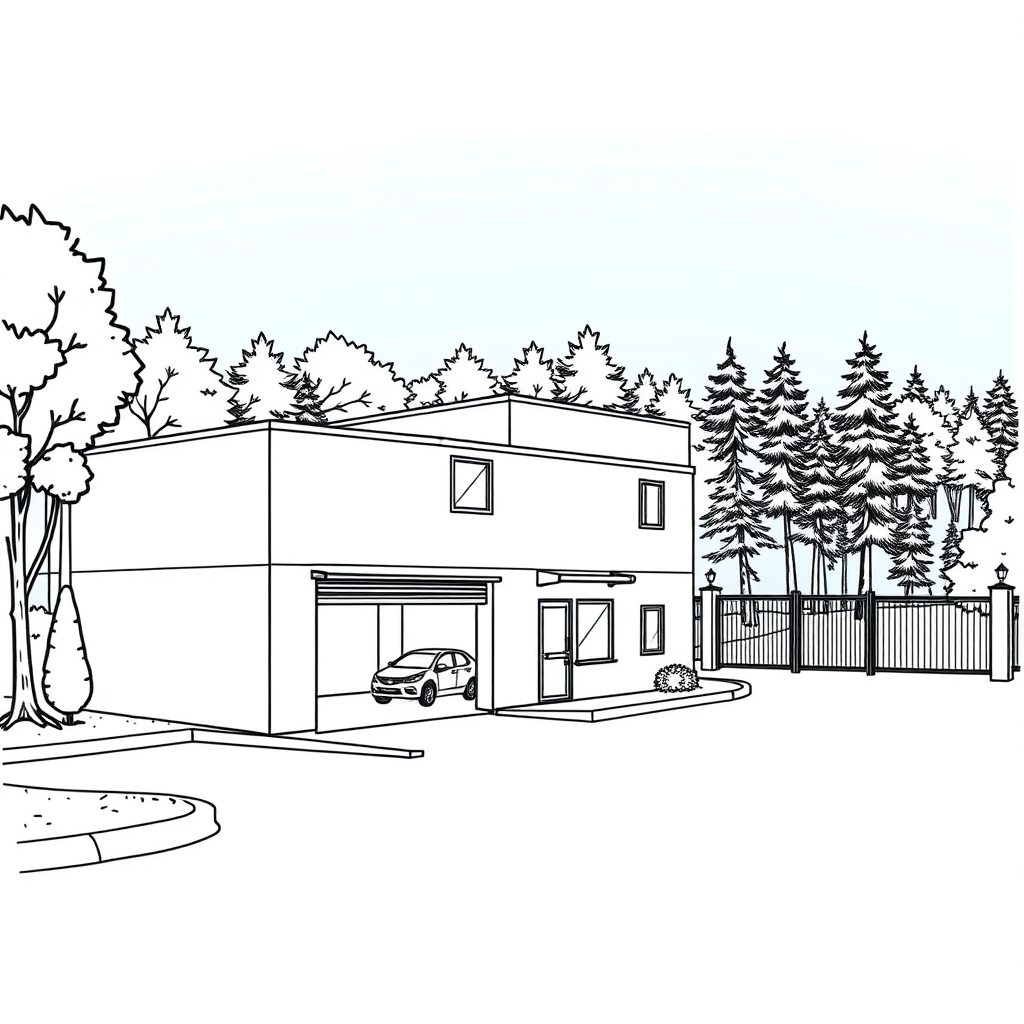 small 2 storeys office building with semi open garage on the left in the foreground, small company parking lot on the left, borders, trees, wood outskirt on the right, company gate in the back, colorfoul long establishing shot, 2D, caricature, cartoon, Sketch lines, coloring book, coloring book style on white background, well composed, clean coloring book page, No dither, no gradient, strong outline, No fill, No solids, vector illustration, realistic proportions, left side view