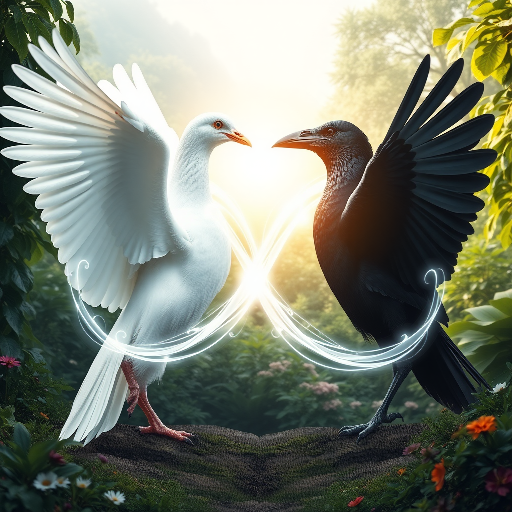 a huge white dove and a huge black crow standing facing each other within a clearing in an incredible lush garden, slowly flapping their powerful wings. The beak of the dove is touching the beak of the crow. There is a large abstract infinity symbol of wavy, transparent light energy that intersects at the beaks and covers the entire bodies of the birds