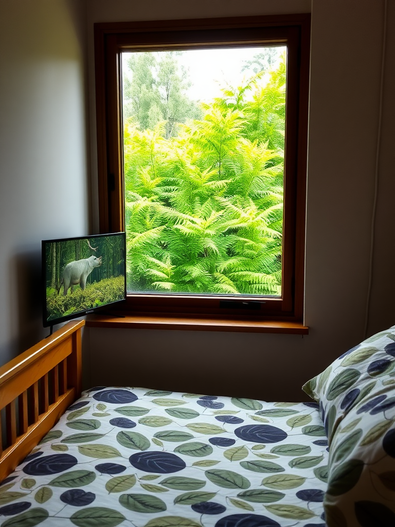 Next to a small window is a wooden bed, and outside the window is a lush green forest. A nature documentary is playing on the TV, and the bedspread has a leaf pattern, creating an overall scene that exudes a sense of tranquility that merges with nature. Real, reality.