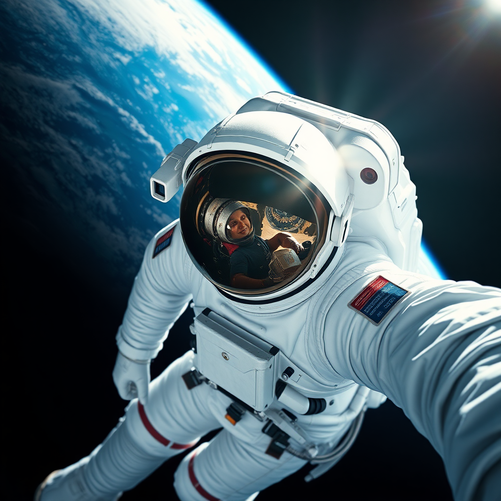 Astronaut in a white spacesuit, floating in space, with Earth in the background. The scene captures a hyperrealistic view showcasing the intricate details of the suit, including textures and reflections in the visor. The visor reflects another astronaut and elements of the spacecraft. The background features deep blues and whites of Earth and the vastness of space, with a dark, almost black, void surrounding it. Bright sunlight highlights parts of the astronaut's suit, creating stark contrasts and emphasizing the details. Include hints of light shimmering off the helmet and the colors of the spacecraft against the cosmic backdrop.