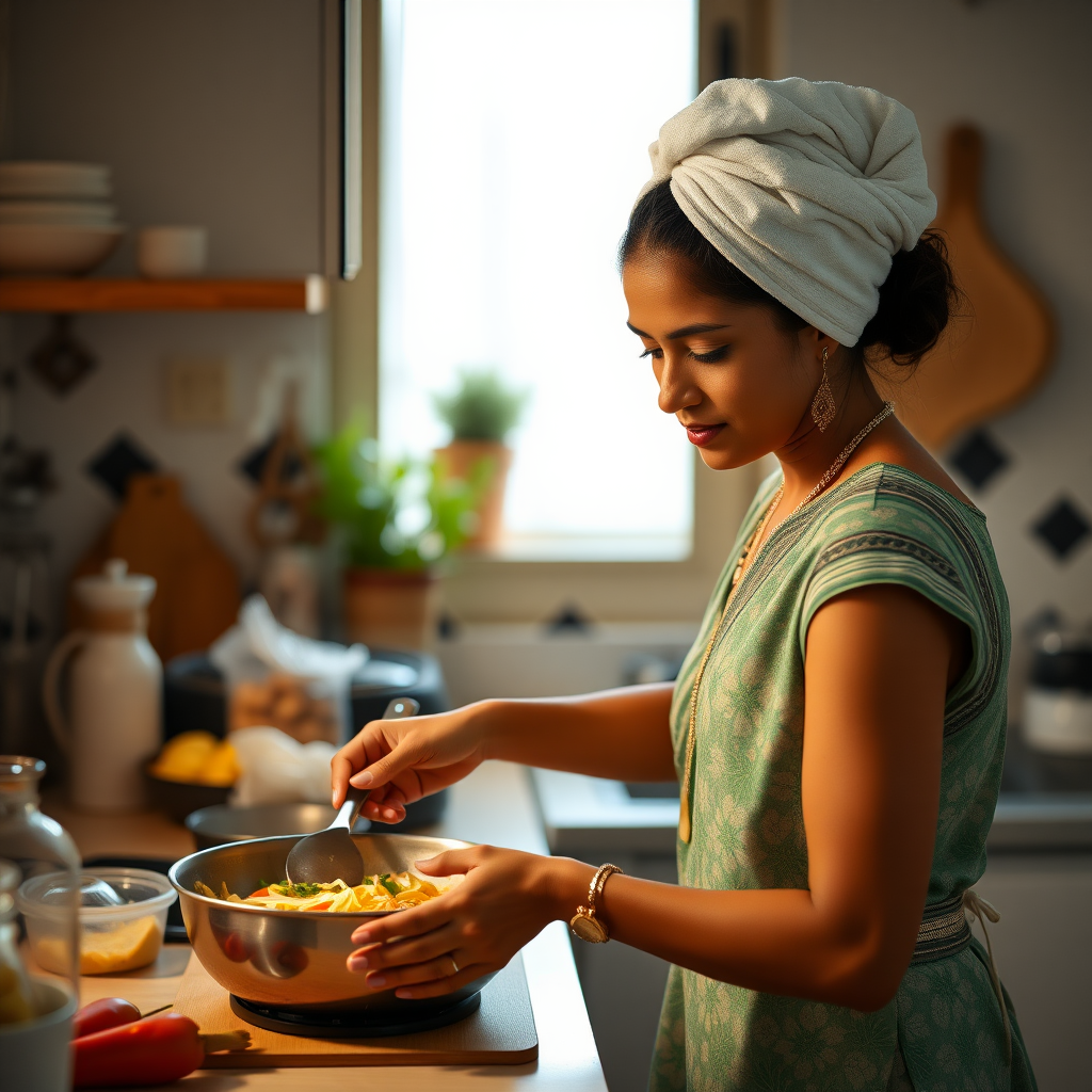 slim, 35 year old, traditional indian wife, towel head, cooking food in kitchen