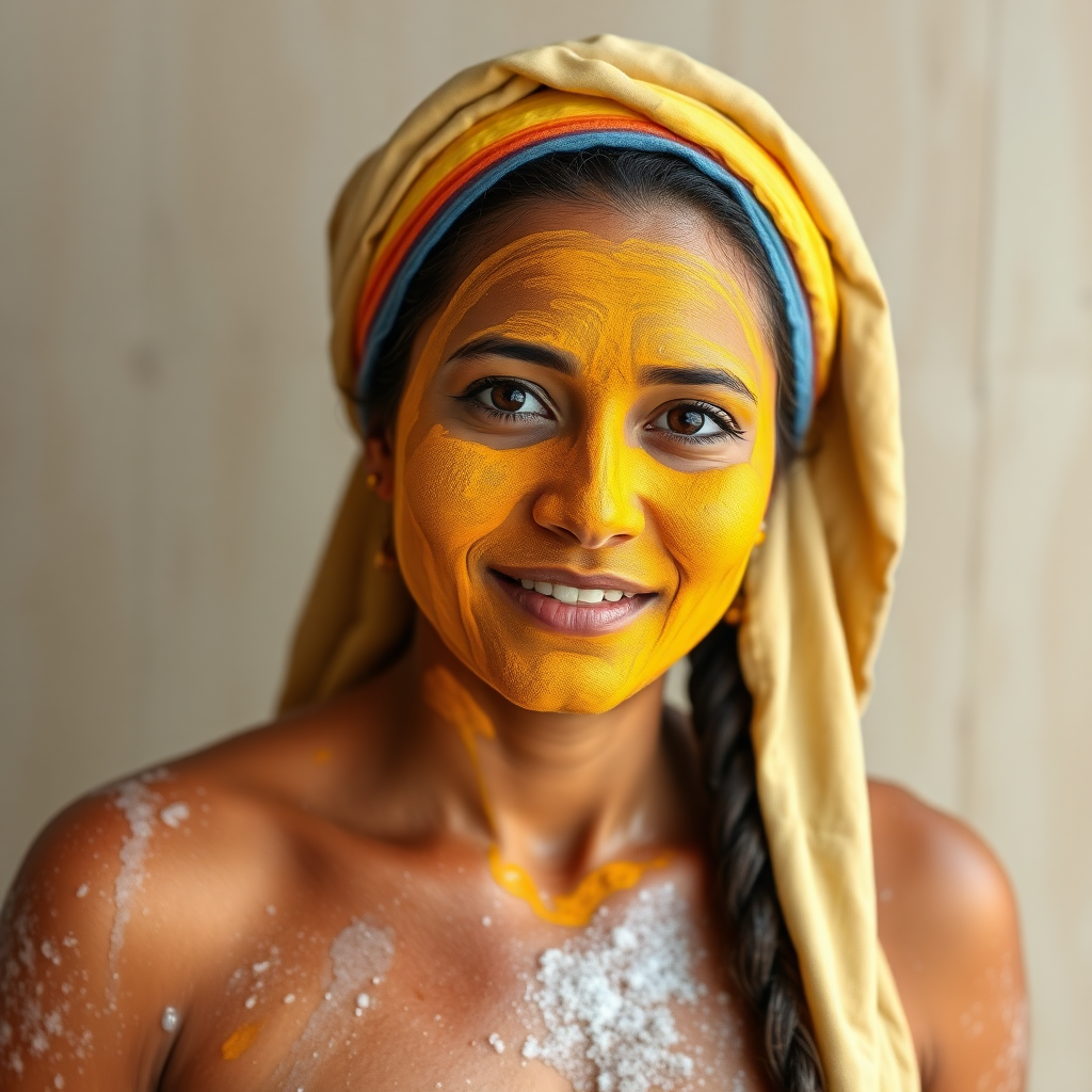 slim, curvy, 30 year old indian maid, her face is covered with turmeric mask and body is covered with soap lather. she is wearing a male underwear on her head