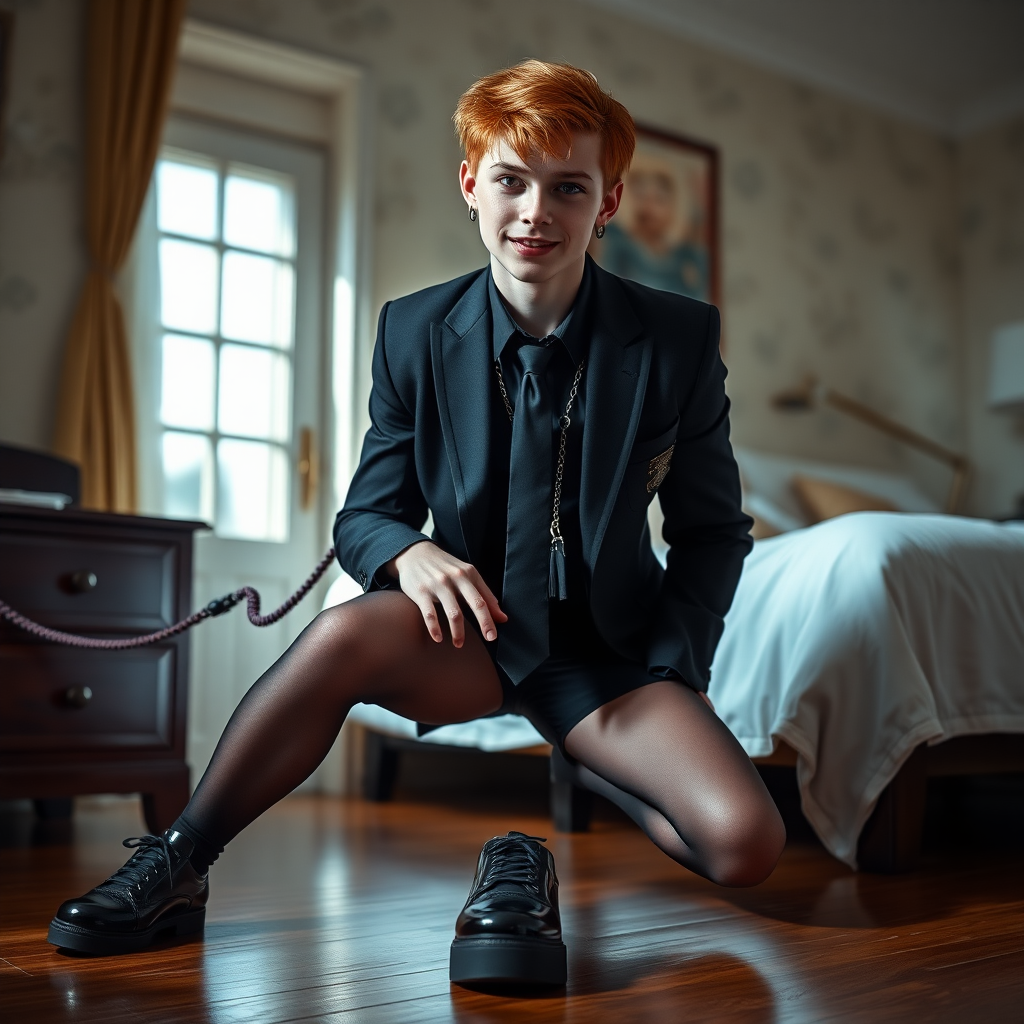 photorealistic, ultra high resolution, 16K, surreal fantasy, soft studio lighting, Tyler Swift is a pretty 18 year old goth male, slim male physique, auburn hair, goth makeup, earrings, shiny black pantyhose, school uniform shirt tie and blazer, Mary-Jane shoes, spikey neck collar chain and leash, on all fours in the bedroom, his boyfriend is holding the end of the leash, in daylight, excited smile, facing the camera.