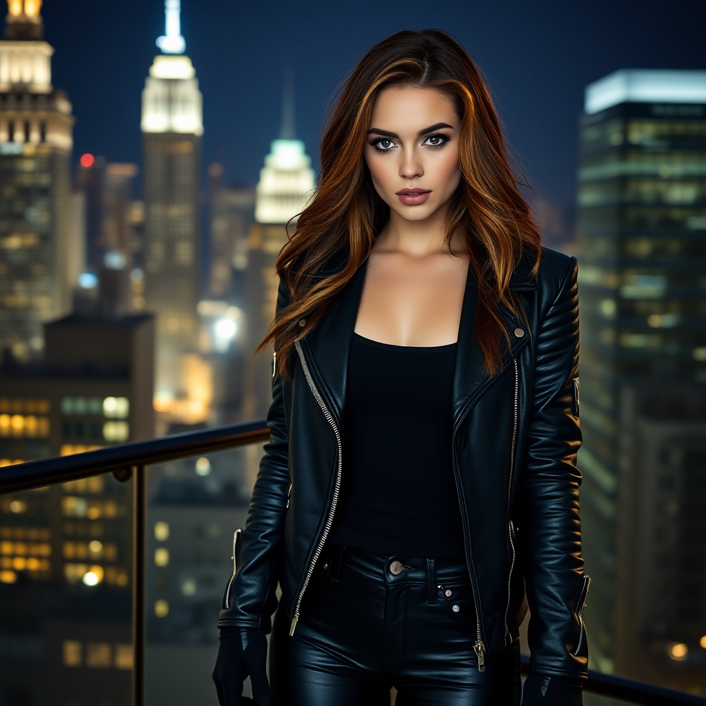 A beautiful and hot thief girl in black leather jacket over black t-shirt with black tight jeans and gloves in a Manhattan penthouse at night.