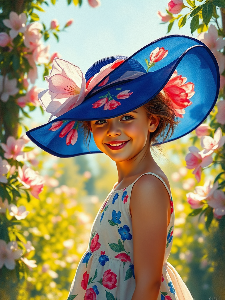 In a sun-drenched garden, a young girl is gracefully donning a large, elegant wide-brimmed hat that flutters gently in the soft breeze, the fabric a rich, deep cobalt blue adorned with vibrant floral patterns. This exquisite moment is captured in the signature style of Pino Daeni, showcasing his academic roots intertwined with the serene beauty of Australian tonalism. The scene, rendered in stunning 8k resolution, evokes a sense of whimsy and tranquility, as if one were walking through a peaceful museum filled with art.

The artwork is created using a gouache technique that emulates the fluid grace of watercolor, presenting a lush impressionist tableau where layered colors dance upon the canvas. Thick brush strokes—bold yet expressive—engage the viewer, inviting them to explore the intricate textures of impasto gouache that rise from the surface in a tactile display. Numerous hues intermingle; warm yellows and greens illuminate the background, while cool blues splash artistically across the canvas, lending a sense of calm.

Sunlight filters through the surrounding blossoms, their delicate petals captured with a masterful touch, as they sway gently with the rhythm of nature. Each brushstroke conveys not just color, but emotion—drawing the viewer into the scene where the girl, with a beaming smile, revels in her enchanting world, her hat casting a playful shadow across her beaming face. The overall atmosphere is a harmonious blend of joy and serenity, allowing the audience to momentarily escape into a vibrant oasis of creativity.