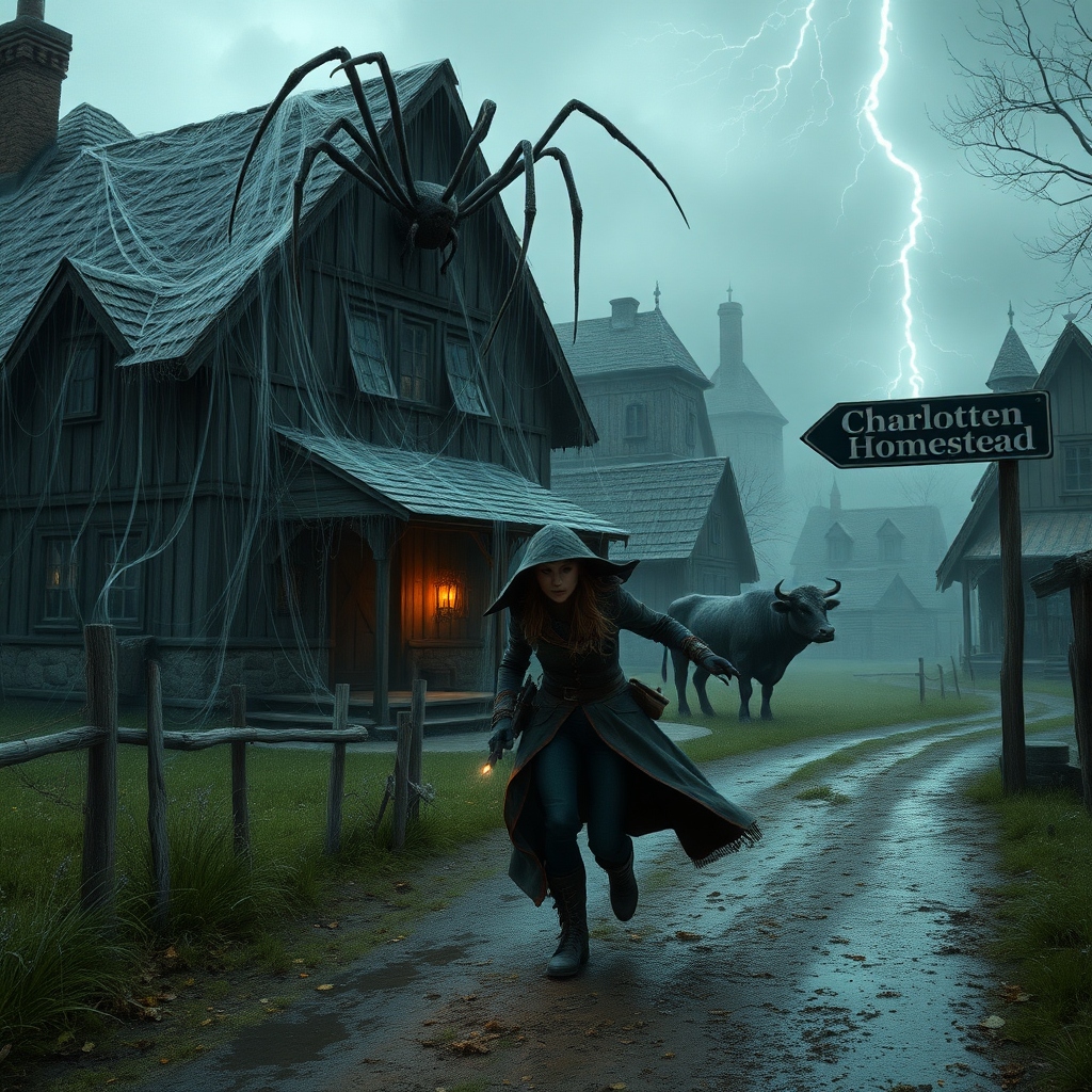 A wide distance shot of a female thief in a pastoral fantasy town. house swarming with giant spiders, and covered in cobwebs. she is fleeing from someone. roadsign with "Charlotten Homestead". cow that shoots lightning.