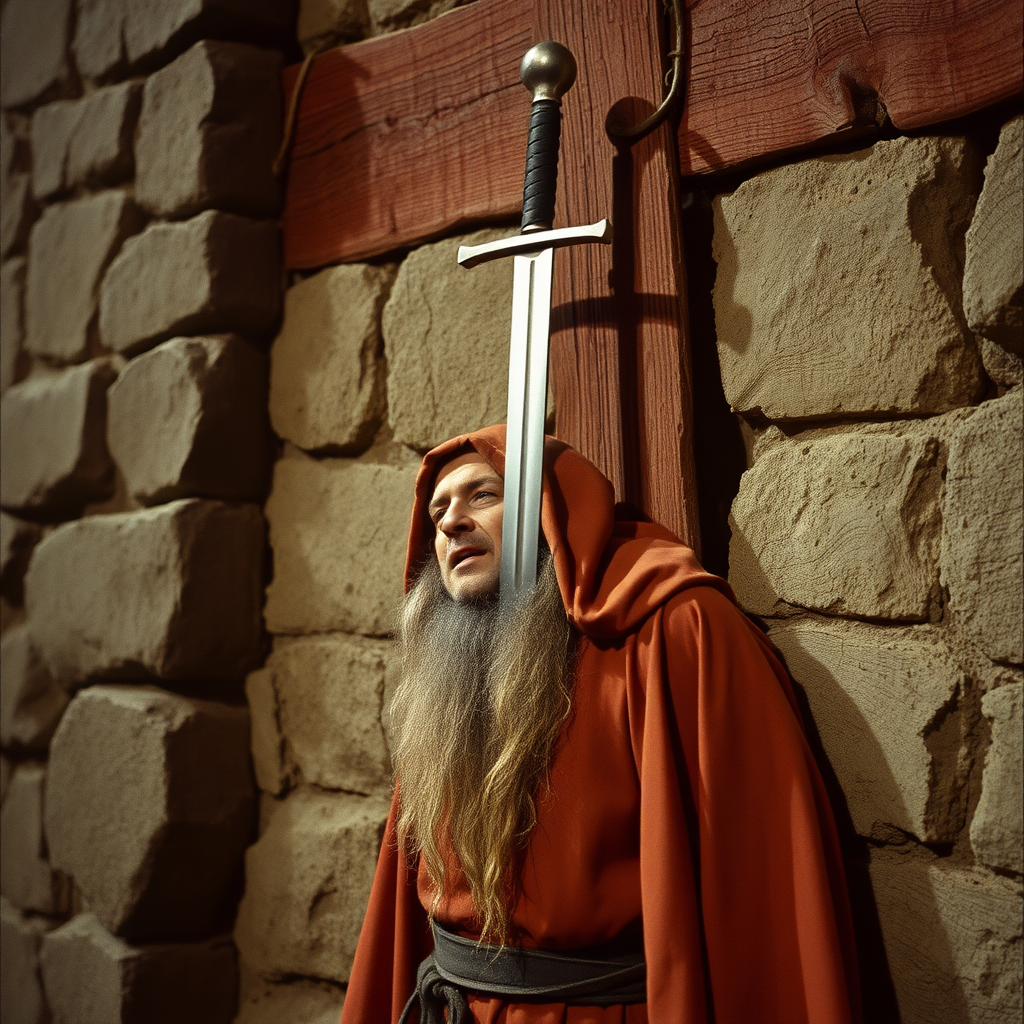 highly detailed realistic 35mm fantasy movie still photograph from 1981 of A human wizard, impaled against a wall. The killing sword, still thrust through the body, is lodged in the wall, which has a large section of wood at this point.