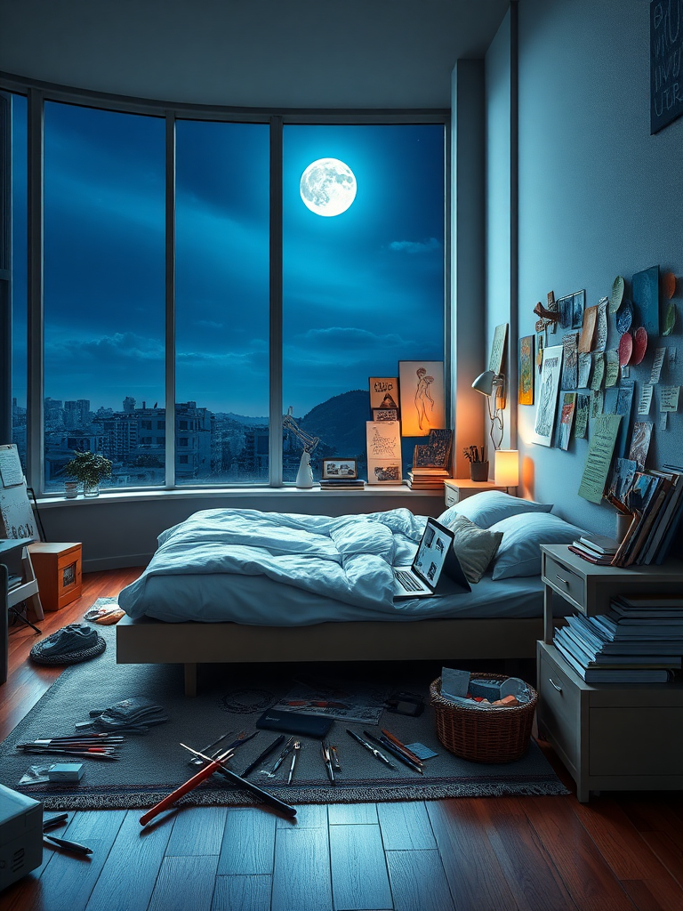 Scene description: In the deep of night, a large window allows the indoor light to intertwine with the moonlight outside, illuminating a room full of creativity. In the center of the room is a minimalist-style bed, with a slim laptop resting on the bedside table, displaying design sketches on the screen. Various paintbrushes and paints scatter across the rug beside the bed, and the walls are adorned with an array of artworks. In one corner of the room, there is a small desk piled high with books and notes, and the wall next to the desk is plastered with creative inspiration sticky notes. The entire room is vibrant in color, rich in detail, showcasing the occupant’s creativity and love for life. Realistic, reality style.