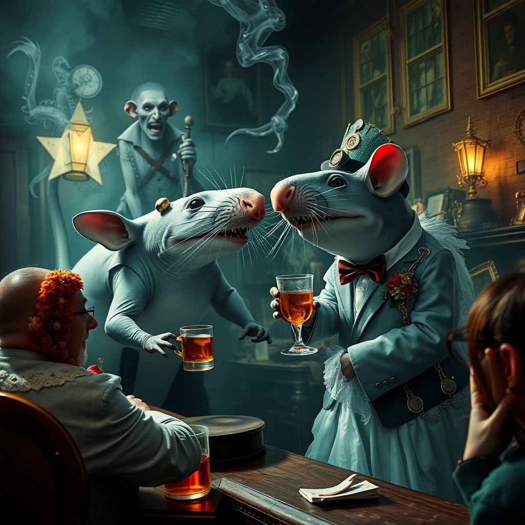 A rat wedding being attacked by hammerhead sharks, no text, Lovecraftian, in Amsterdam, steam punk, tacky, whiskey ad