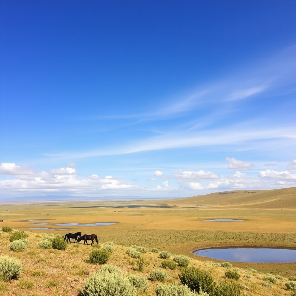 Long plateau with its little horses and Mediterranean vegetation with ponds, blue sky, and white clouds.