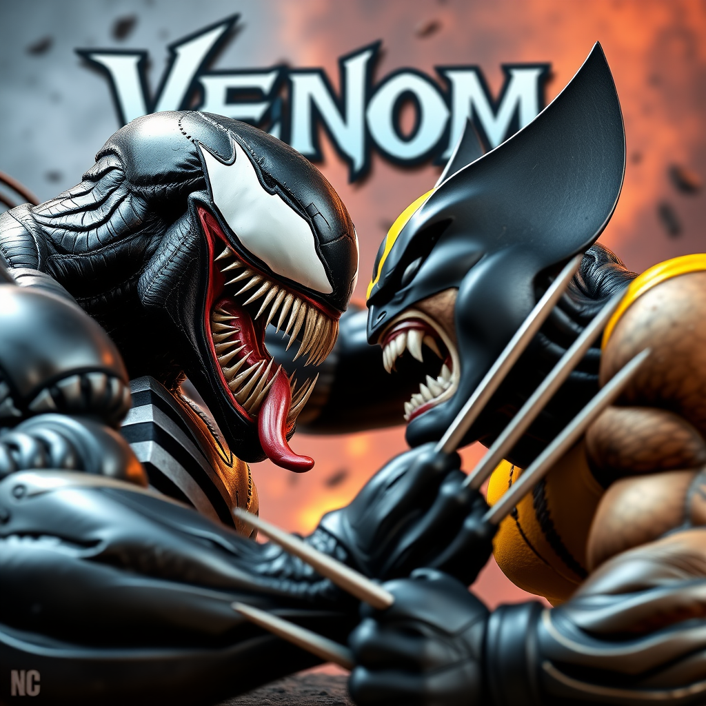 On a comic book cover is Venom Vs Wolverine in Cinematic Real3d photo-realistic quality.