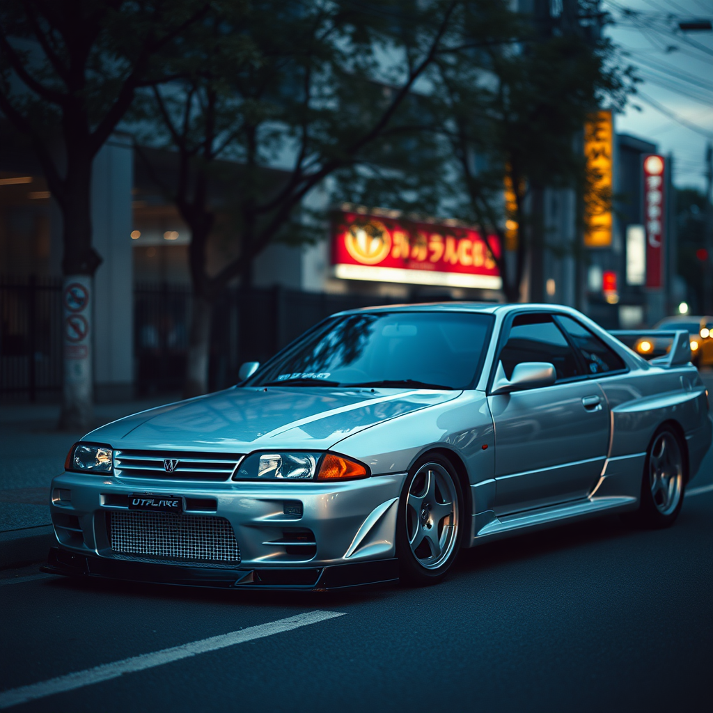 The car is parked on the side of the road, inspired by Taiyō Matsumoto, tumblr, restomod, nd4, c4 metallic shine nissan skyline r34 tokyo gece arkaplan