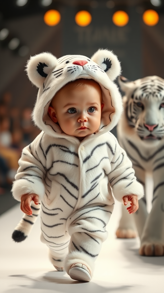 A cute small chubby fair baby with big eyes, pink lips, and pink cheeks, wearing a furry cozy white tiger costume, doing a ramp walk in a fashion show while walking with a real white tiger in a cinematic setting.