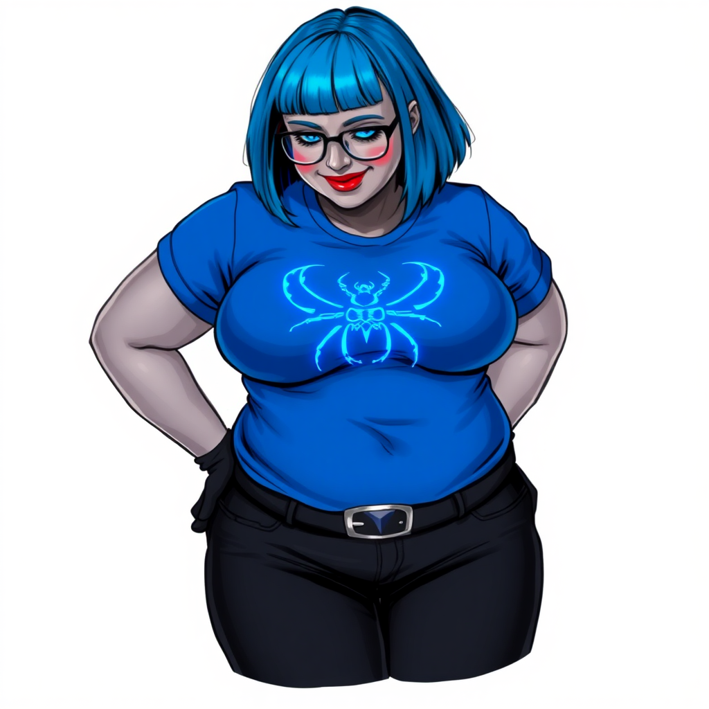 A 28-year-old, full-figured, metallic middle gray skinned computer program hybrid with a maximum blue bob cut. She has a non-athletic build, highlighted by a prominent, round midsection (with a focus on her belly). As a digital sidekick and computer hacker to her cyberpunk vigilante boyfriend, her middle gray metallic skin and maximum blue lipstick emphasize her digital nature. She wears a tight-fitting, maximum blue t-shirt (accentuating her belly) with a neon blue glowing chest icon of a beetle, black pants, a black belt with a sapphire scarab buckle, and black gloves. Her bright blue eyes, black eyeglasses, and shy smile with neon red blush accentuate her nerdiness. She bashfully bows her head with her hands behind her back, her t-shirt covering her midsection (especially her belly) and emphasizing her full-figured, non-athletic physique. She is on a solid white background. She is drawn as if she was in a retro 2D cyberpunk fighting game. She is clearly non-athletic, with a focus on her full figure. Make sure her t-shirt covers her midsection (especially her belly).