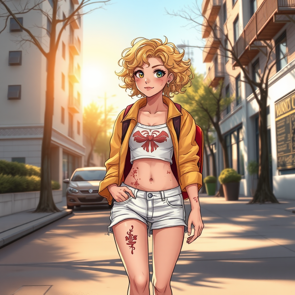 Realistic drawing style image, Extremely good quality 8k resolution drawn manga image of a 15 year old petite and short tomboy girl with golden blonde curly hair with mixed and different colored eyes for each eye and moles on her entire body and is a white American girl, Has on a Gold Jacket over a white extremely short crop top only covering her breasts and nothing more with a design on it, and has on ripped shorts and cool looking sneakers and a deep and big knife cut wound on her stomach from a huge injury she had, with a bright color backpack, ear piercings on, walking on the street to school in the morning with the beautiful sunlight lighting up her body beautifully with no tattoos.