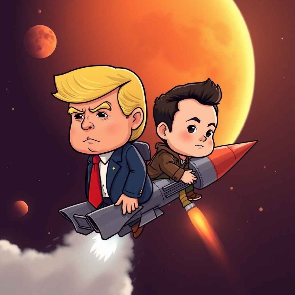 chibi version of Donald Trump and Elon Musk on a missile to Mars