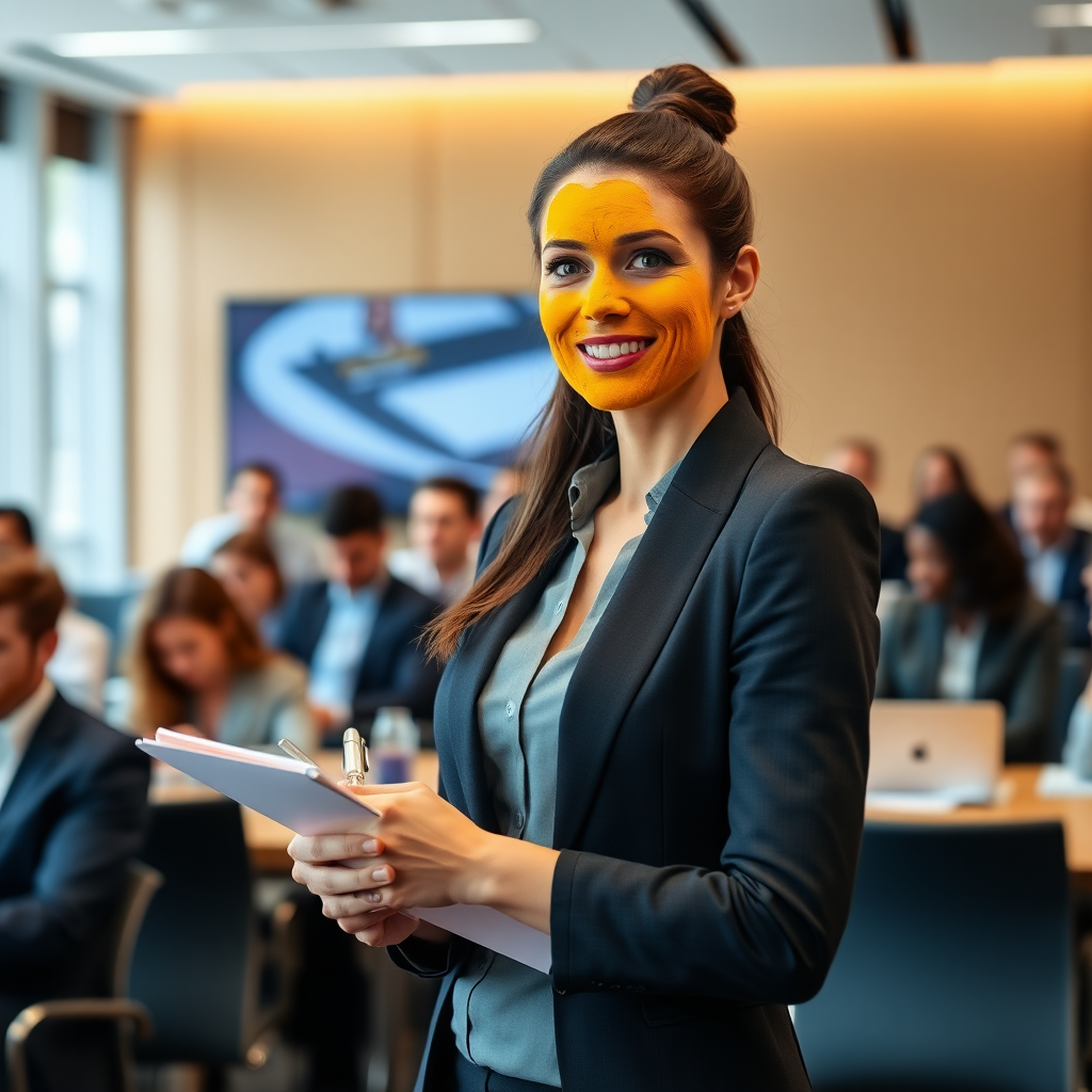 slim, 30 year old, modern office secretary, turmeric paste on her face. she is standing in a conference room full of people and taking notes.