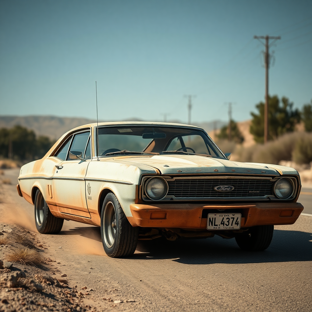 ford falcon mad max apokiptik dust rusty the car is parked on the side of the road, inspired by Taiyō Matsumoto, tumblr, restomod, nd4, c4