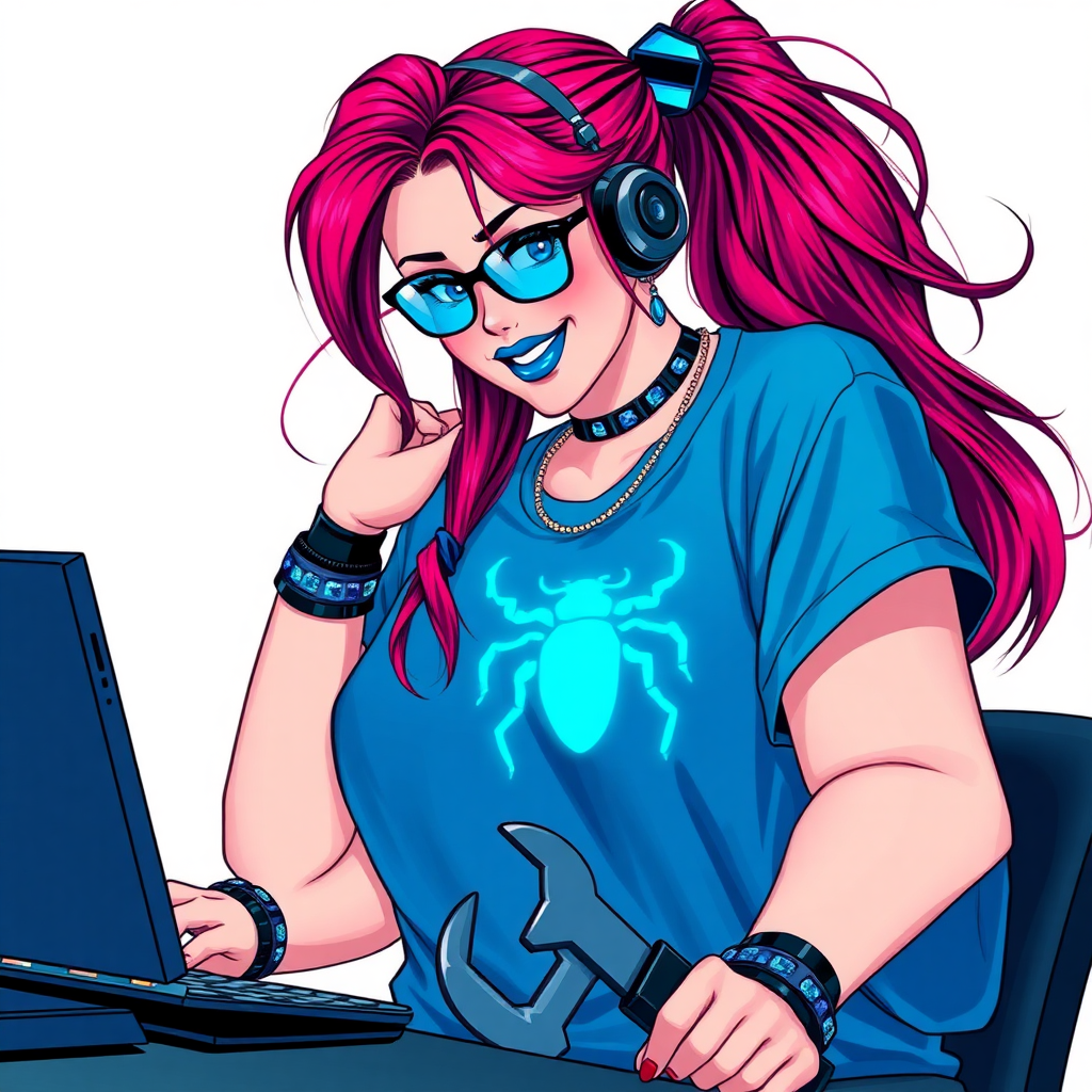 A cyberpunk vigilante’s full-figured intelligent and tech-savvy 29-year-old girlfriend, who is a computer hacker and tech genius. She has a long ruby red ponytail streaked with sky blue. She wears maximum blue lipstick, blue eyes, a sapphire beetle gemstone necklace, sapphire earrings, black eyeglasses, futuristic holographic computer bracelets, and an oversized maximum blue t-shirt featuring a neon blue glowing beetle chest icon. She has a full-figured physique, reflecting her well-cared-for lifestyle. She sports a sapphire headset with a hi-tech maximum turquoise lensed HUD, and a blissful smile with a neon red blush. She serves as his tech expert from his hideout, diligently working at her lab table and computer desk. She holds a futuristic wrench. The background is solid white. She is drawn as if she was in a retro 2D cyberpunk fighting game.