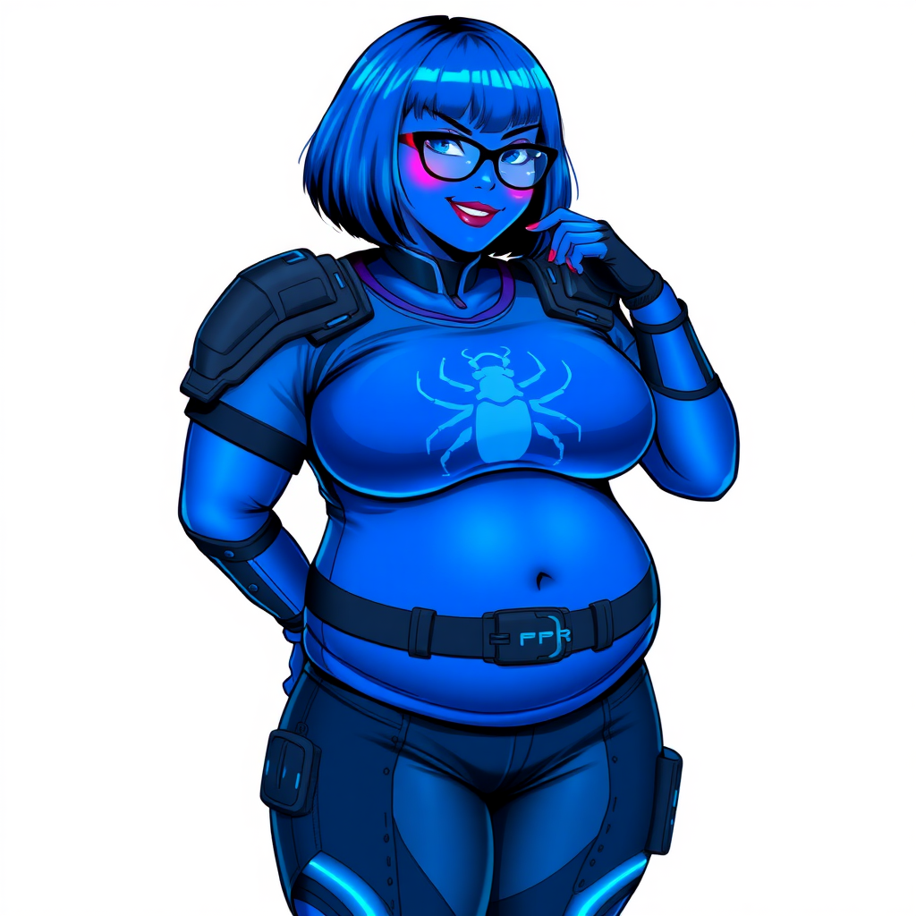 A 28-year-old, full-figured, metallic maximum blue (5PB 5/10) skinned computer program hybrid with a maximum blue bob cut. She has a non-athletic build, highlighted by a prominent, round midsection (with heavy emphasis on her round belly), which shows the effects of her love of junk food acquired from her boyfriend. As the full-figured, nerdy, digital sidekick to her cyberpunk vigilante boyfriend, her metallic maximum blue skin and maximum blue lipstick (5PB 5/12) emphasize her digital nature. Her skin has a subtle, animated glow, with digital patterns occasionally flickering across it, making her digital nature obvious. She wears a digital, computerized costume, consisting of a massive, tight-fitting, maximum blue biker shirt (5PB 5/12) made out of advanced nanotech with a neon blue glowing chest icon of a beetle, hi-tech shoulder pads with neon blue accents, a black hi-tech belt with a digital neon blue glowing buckle, digital maximum blue biker pants (5PB 5/12) with neon blue accents, and black hi-tech fingerless biker gloves with neon blue glowing accents. Her neon blue glowing eyes, black eyeglasses with neon blue glowing lenses equipped with a built-in HUD, and bashful smile with neon red blush accentuate her nerdiness. She stands bashfully with one hand behind her back and the other hand gently touching her cheek, her costume covering all her skin and emphasizing her full figure (especially her round belly). She is clearly non-athletic, with a focus on her full-figured physique. Despite her build, she radiates beauty. She has a slim face compared to her physique, accentuating her radiant beauty. She is on a solid white background. She is drawn as if she were in a retro 2D cyberpunk fighting game.