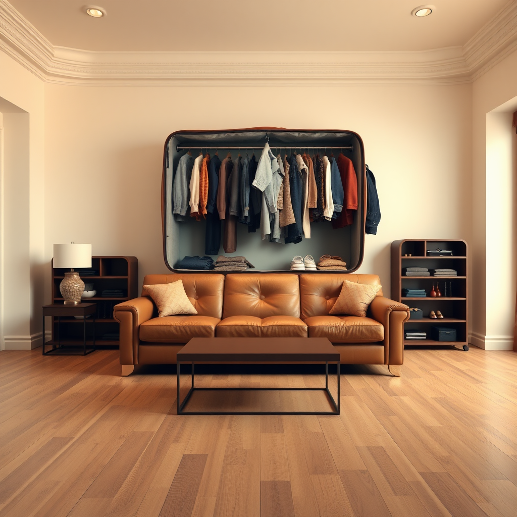 Commercial photography, surrealist indoor landscape, generate an image of bag photography. The scene features a spacious indoor living room with warm white walls. In the middle of the living room, there is a leather sofa and coffee table in the same color tone. On the wall opposite the sofa stands a gigantic, open suitcase, resembling a wardrobe, filled with various clothes and pants. Tags: 8k