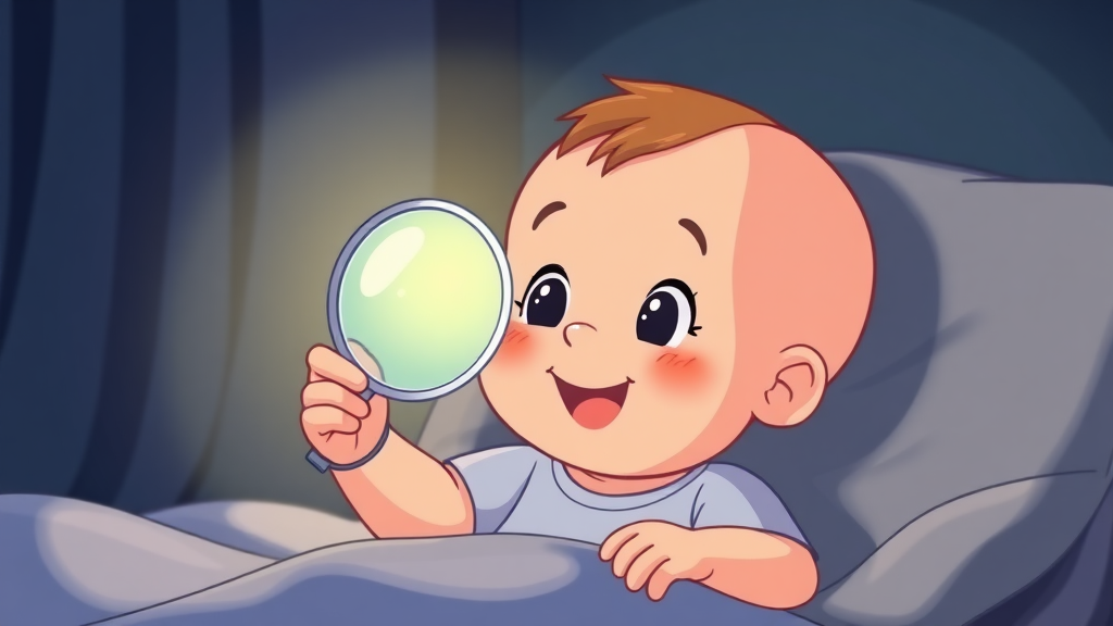 A baby holding a looking glass in hand at night on the bed, baby happy to see that. Cartoon.