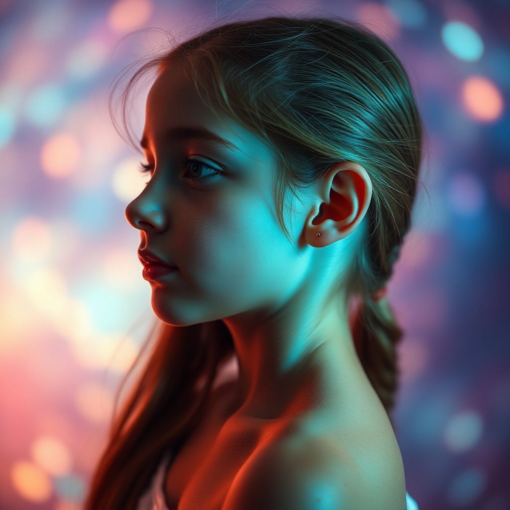 preteen girl in profile, full body shot, dreamscape, nebula, Bokeh, abstract, brilliant colors, glittering, translucent, iridescent, natural skin, glowing, artistic photo, wide angle, cute, interesting, microscopy, airy, original, experimental, refraction