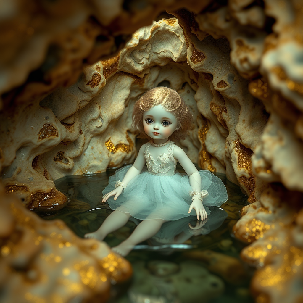 a porcelain doll in a flooded cave, artists doll, bjd, high quality photo, intricate environment, ultra-detailed, impressionistic, dynamic composition, artistic photograph, matte texture, geode, alabaster, gold, fractal, intense colors, glittering