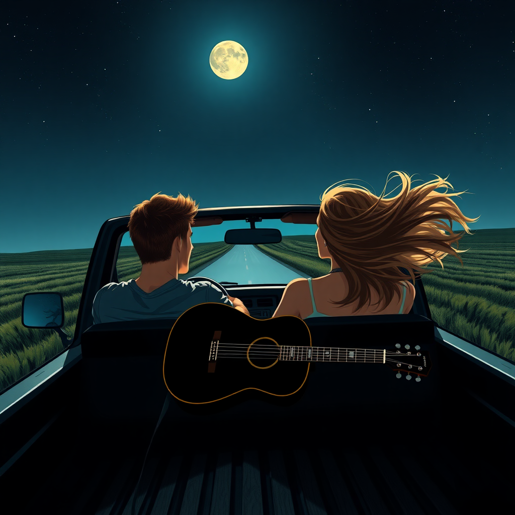 An image of a young couple driving down country roads in the middle of the night with the moon out and the stars above in their pickup truck with the top down. The guy is in the driver's seat. The woman is in the passenger seat. There is a guitar in the flat bed. The woman's hair is blowing in the wind.