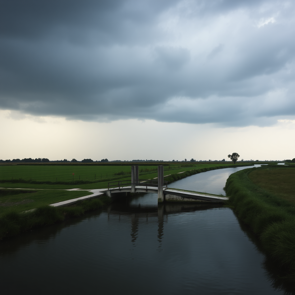 very cloudy black sky, threatening rain, in the Venetian countryside, with a small bridge with 2 pillars over the canal