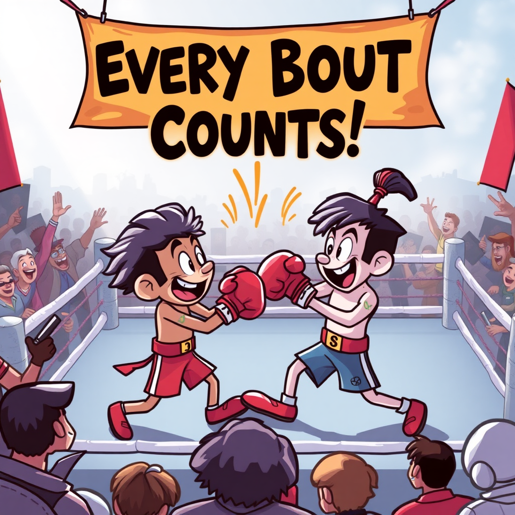 An imaginative scene of a lively boxing ring with two cartoon characters energetically sparring, while a cheering crowd surrounds them, and a banner overhead reads, "Every Bout Counts!"