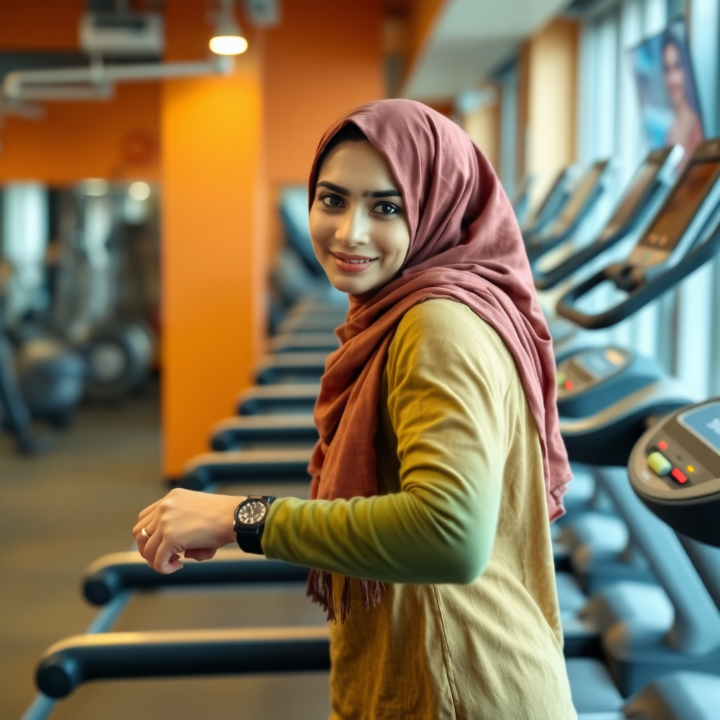 Indian wife, hijab, working out on treadmill in gym