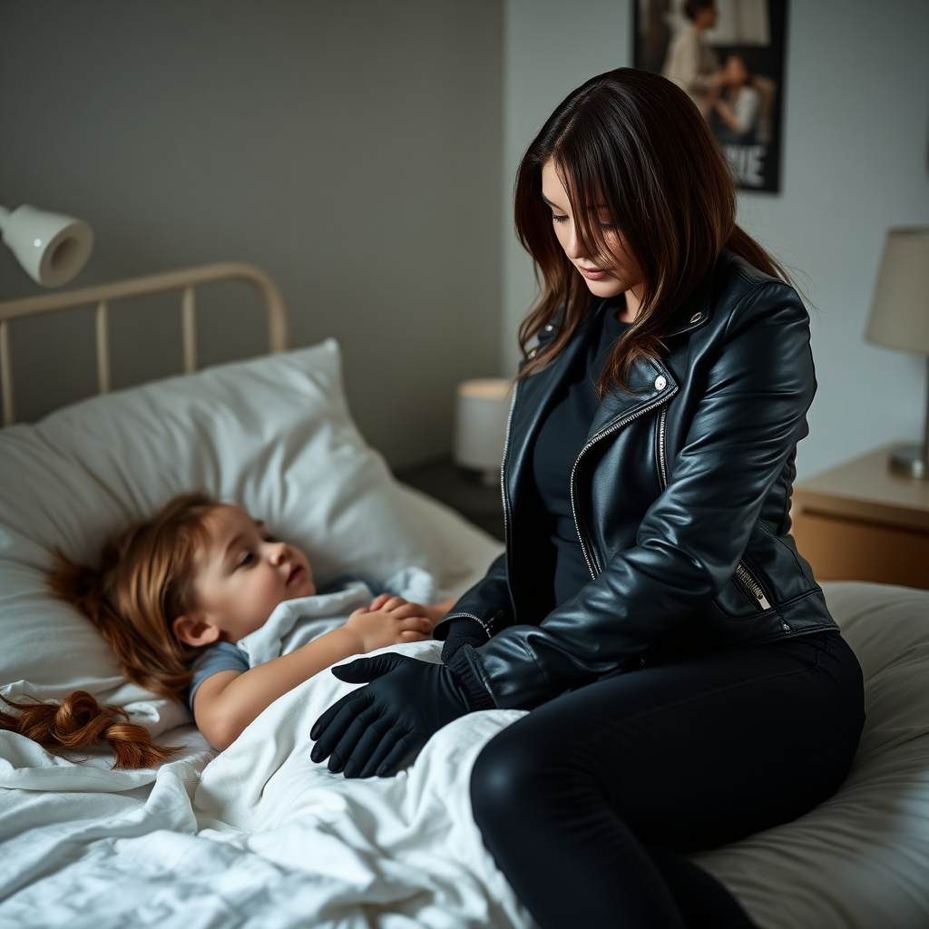 A beautiful female burglar in a black leather jacket over a black t-shirt with black jeans and gloves visits her sick little daughter lying in bed.