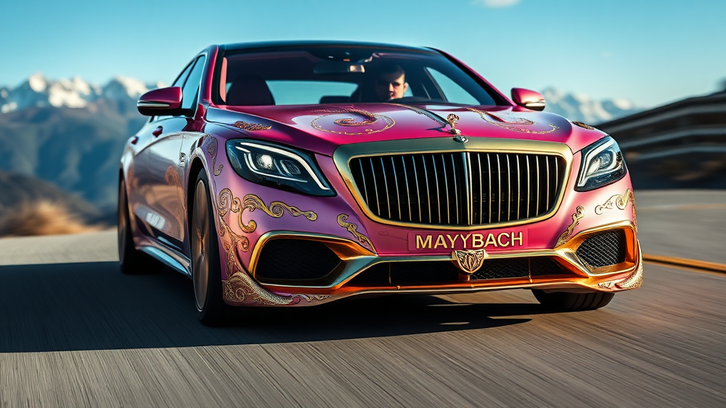 futuristic maybach s680 sedan ,A luxurious,pink and gold-plated car adorned with intricate, ornate designs and carvings. The vehicle features prominent headlights and a distinctive front grille,  mountains road motion blur