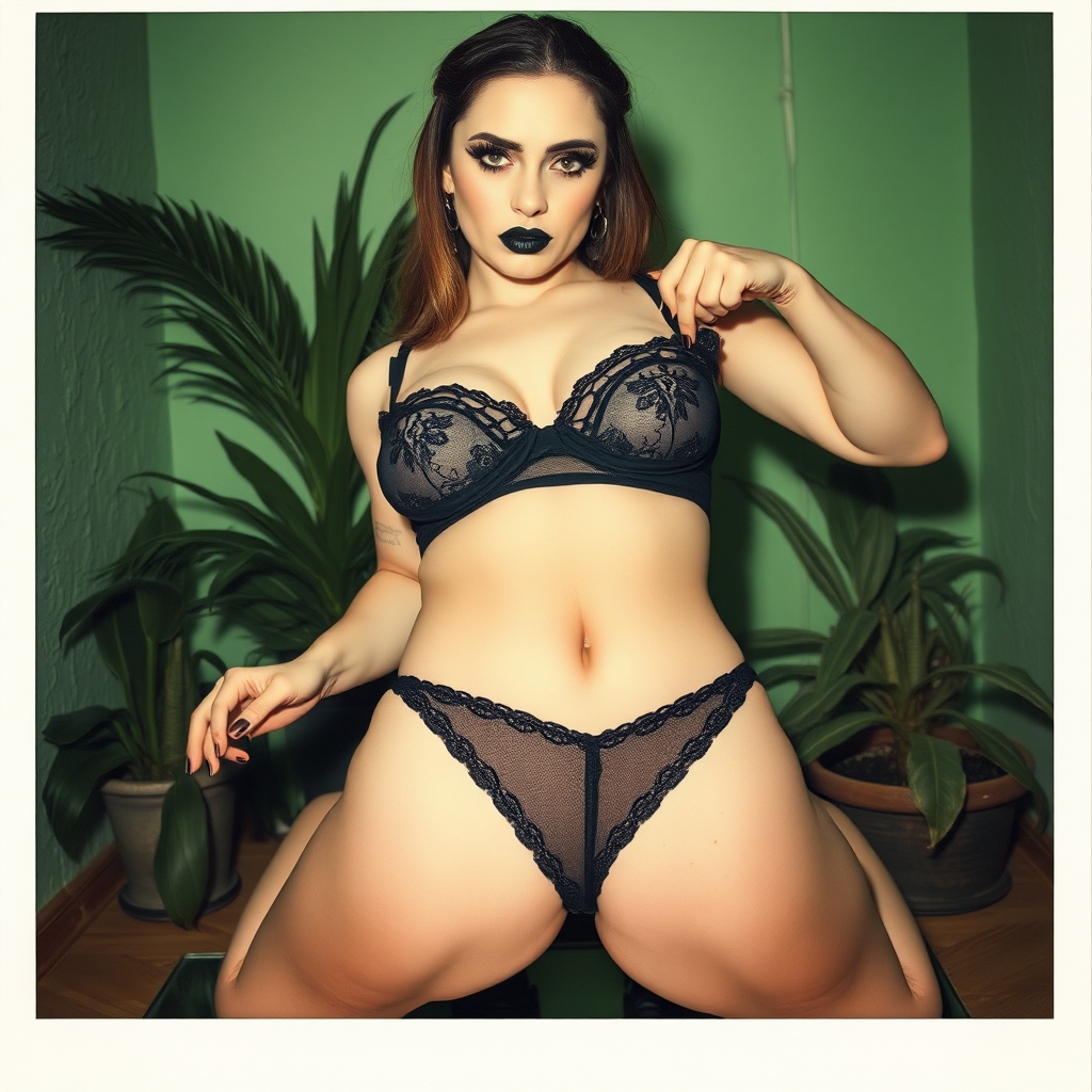 An old polaroid photo. There is a color tint to the photograph and visible light leaks. The photo depicts a sexy girl. Her skin is pale. Her booty is plump. She is gothic and wears seductive makeup with long eyelashes and black lipstick. Her mascara is running as though she has been crying. She has large breasts with ample cleavage. She is wearing a skimpy thong that leaves a gap between her pubic area and thigh. The fabric of her thong is black lace with a square shape. Her bra is translucent and mesh. She is in a photography studio with textured green walls and plants are all around behind her. Her skin has a natural texture with visible pores and imperfections. She is pouting. Her nails are painted black. She is pulling her thong by the edge. She has a thigh gap. She is on her knees kneeling above a large mirror with her legs parted.