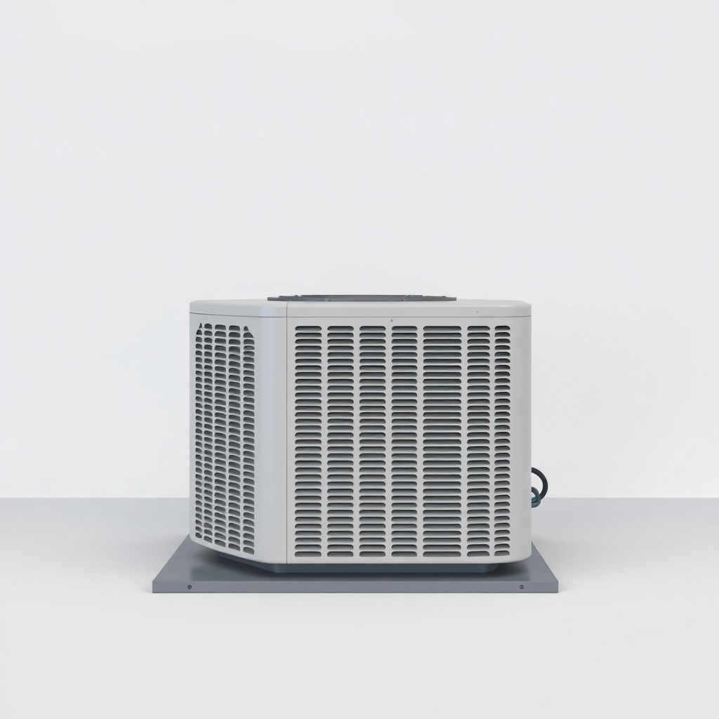 A simple, high-resolution, realistic 3D model of a standard residential outdoor air conditioning unit or condenser. The unit should be placed on a flat surface. The unit should be a neutral color. Plain, uncluttered background. No text.