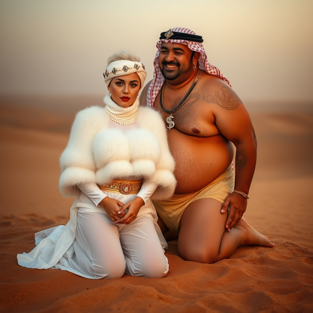 Kuwait desert dunes misty dawn: Melissa, European 17 years old very convincing femboy “trophy-bimbo”, tamed servile docile, very beautiful feminine flawless face, rather short boyish figure, platinum blond short tight curls, bold red lips, heavily made-up face, wearing Supertanya-style fluffy very fuzzy bright white angora turtleneck-poncho cropped ending under bust decorated with pearls and gemstones, striking oriental wide gold bridal protection belt, white fully transparent harem pants, full Oriental bridal jewelry with striking headpiece, full Oriental face-jewelry, striking diamond “$$$” letter brooch on left chest, pout frustrated, hands tied behind back, kneeling in sand with older overweight mighty sheik laughing, devotedly embracing Melissa.