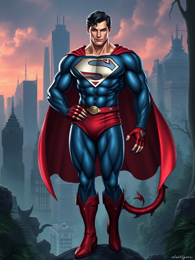 Create a full-length image of Superman with the female body traits of Felicia from Darkstalkers. Keep Superman's head and face but imbue the physique with a lithe, athletic build, muscular yet feminine, with defined curves. Retain the core Superman costume but modify it to fit the new physique, incorporating feline elements from Felicia's outfit, such as claw-like gloves, fur accents, and a tail. The background should blend Metropolis with a fantasy world, featuring skyscrapers intertwined with mystical forests, creating a harmonious setting that complements both characters.