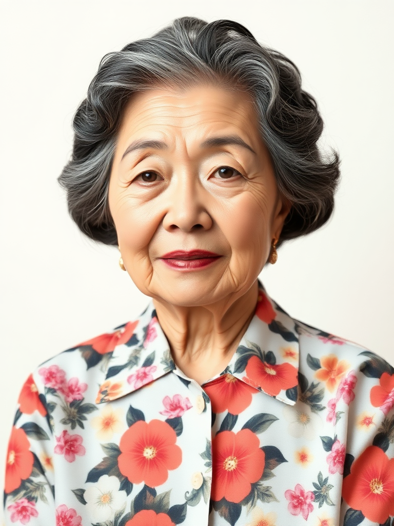 80 age old korean woman, front, flower shirt, photo studio background, Short permed hair, black and white hair