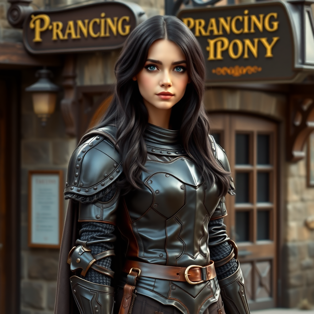 beautiful young woman, dark hair past her shoulders, blue eyes, small, slim figure, wearing full leather armor suit, long cloak, standing next to medieval tavern with sign: "Prancing Pony".