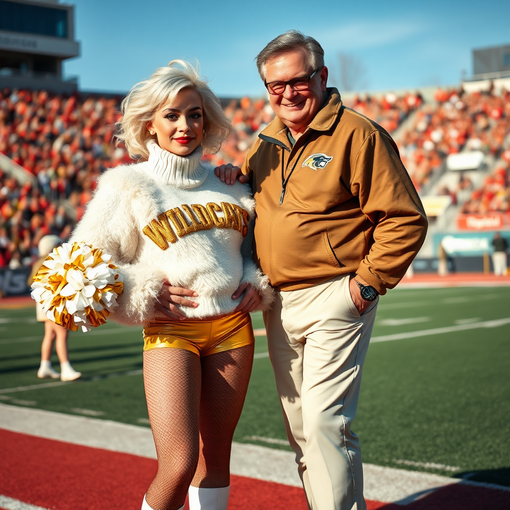 Sunny cold fall noon, college football stadium game, cheerleaders leader squat: Ana, European 17 years old very convincing femboy “QB’s trophy-bimbo”, tamed servile docile, very beautiful feminine flawless face, rather short boyish figure, platinum blond short tight curls, bold red lips, heavily made-up face, fluffy very fuzzy bright white plushy hazy thick angora turtleneck-sweater with “gold “WILDCATS” letters, vinyl gold short shorts, mesh pantyhose, white vinyl thigh-high boots with golden heels, large gold-white pompoms, pearl earrings, standing, shoulders slightlay arched back, presenting her assets, talking with Hank: older tall overweight male visitor’s coach, wearing college football coach outfit, triumphant smile, nimbly patting Ana, both posing for photo.