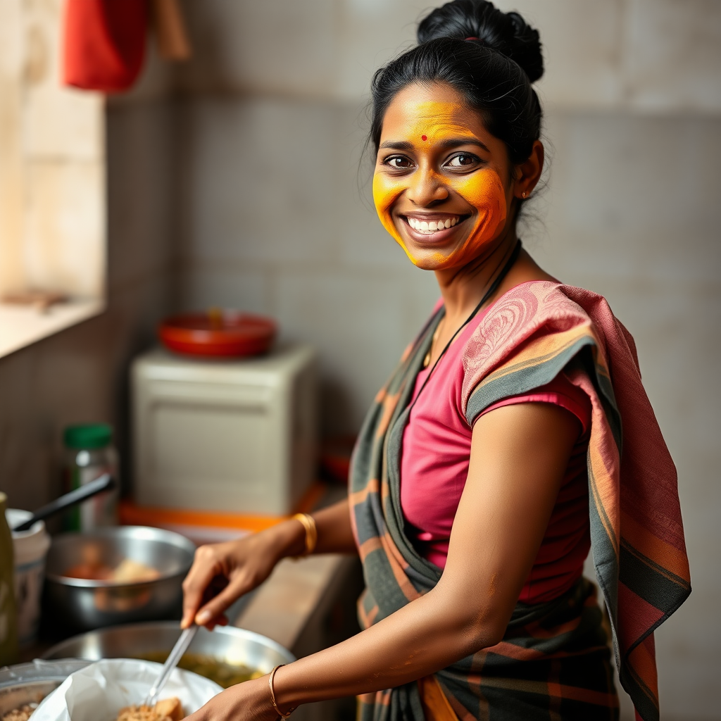 A skinny, happy, traditional, 30-year-old Indian wife with a covered hair bun, wearing a blouse, skirt, and a short towel on her shoulder. She is preparing food in the kitchen. Her face is covered with a turmeric face mask.