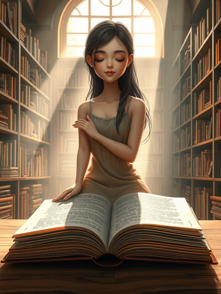 miniature person，A woman sits serenely on an open book with her fingers pointed at the text within, as if absorbing its wisdom in this intricately detailed digital art illustration. The setting is a softly lit room with wooden shelves filled to capacity with books of various shapes and sizes, creating an atmosphere that evokes knowledge, curiosity, and creativity. A cascade of sunlight filters through open windows, casting warm light on the woman's face as she becomes lost in her reading. Her attire consists of a simple yet elegant dress, and her long hair is loosely pulled back. The pages of the book are rendered with intricate details, from their creases to the delicate script within. This illustration captures the essence of introspection, learning, and the beauty found in the pursuit of knowledge.