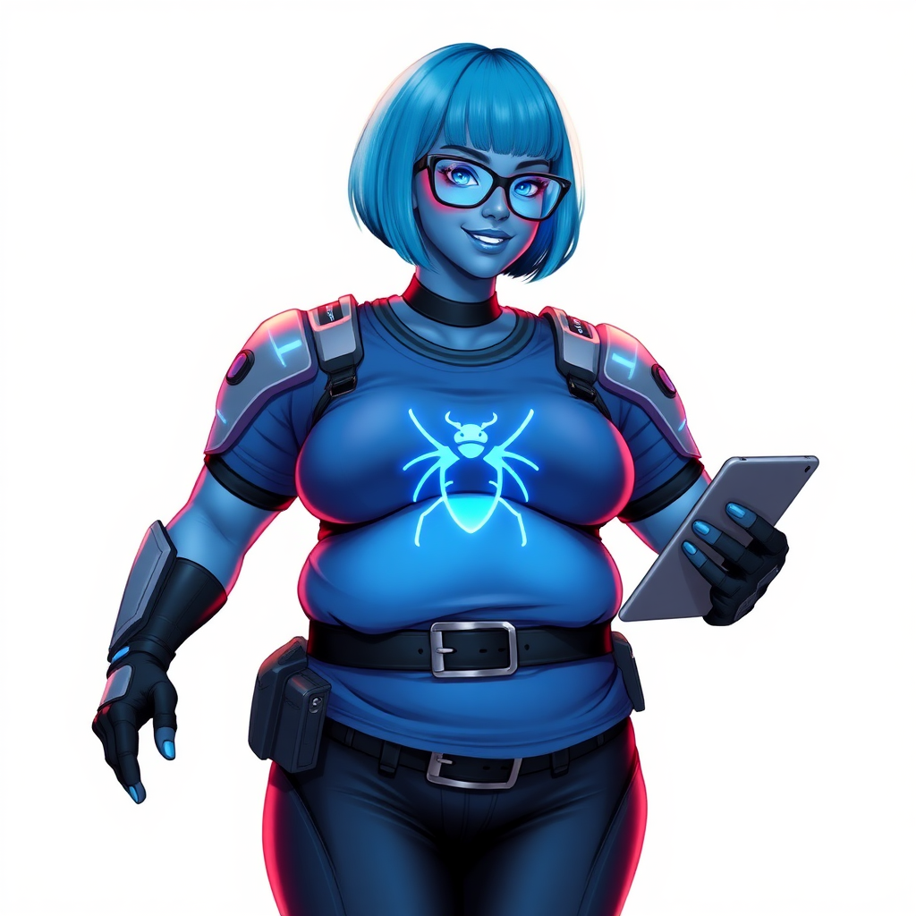 A 28-year-old, full-figured, metallic middle blue (5PB 5/8) skinned computer program hybrid with a middle blue bob cut (5PB 5/8). She has a non-athletic build, highlighted by a prominent, round, large midsection (with emphasis on her belly), which shows the effects of her new love of junk food acquired from her boyfriend. As the full-figured, nerdy, digital sidekick to her cyberpunk vigilante boyfriend, her metallic middle blue skin and maximum blue lipstick (5PB 5/12) emphasize her digital nature. Her skin has a subtle, animated glow, with digital patterns occasionally flickering across it, making her digital nature obvious. She wears a digital, computerized costume, consisting of a huge, tight-fitting, maximum blue t-shirt (5PB 5/12) made out of advanced nanotech with a neon blue glowing chest icon of a beetle, hi-tech shoulder pads with neon blue accents, a black hi-tech belt with a digital neon blue glowing buckle, digital maximum blue biker pants (5PB 5/12) with neon blue accents, and black hi-tech fingerless biker gloves with neon blue glowing accents. Her neon blue glowing eyes, black eyeglasses with neon blue glowing lenses equipped with a built-in HUD, and bashful smile with neon red blush accentuate her nerdiness.

She stands with a shy, slightly hunched posture, one hand nervously adjusting her glasses while the other clutches a digital tablet close to her chest. Her pose reflects her intellectual curiosity and slight social awkwardness, much like Sci-Twi. Her costume covers all her skin and emphasizes her full-figured physique (especially her belly). Despite her build, she radiates beauty. She has a slim face compared to her physique, accentuating her radiant beauty. She is on a solid white background. She is drawn as if she were in a retro 2D cyberpunk fighting game.